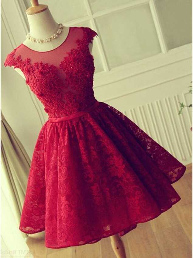 Adorable Knee-length Red Short Lace Prom Dress, Beading Homecoming ...