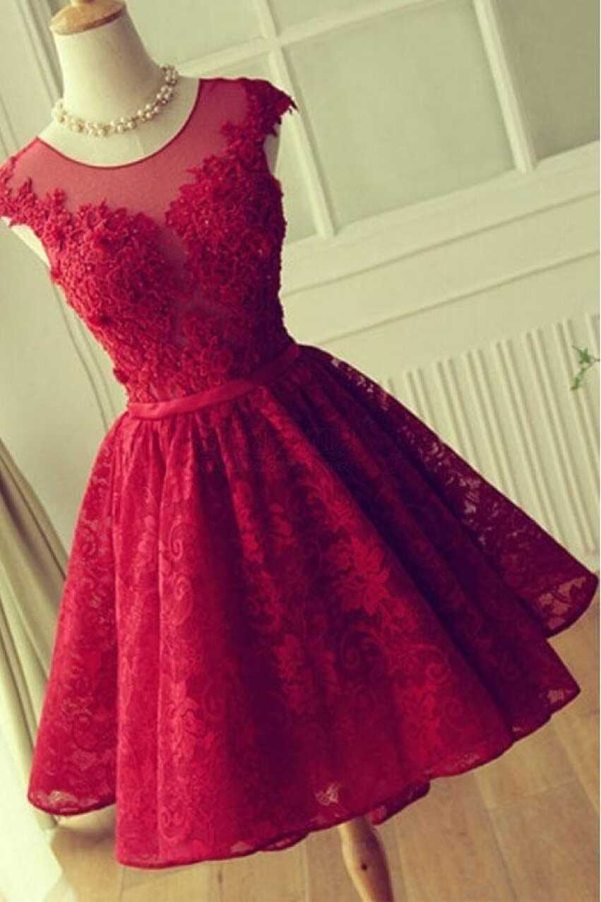 Adorable Knee-length Red Short Lace Prom Dress Homecoming Dress ...