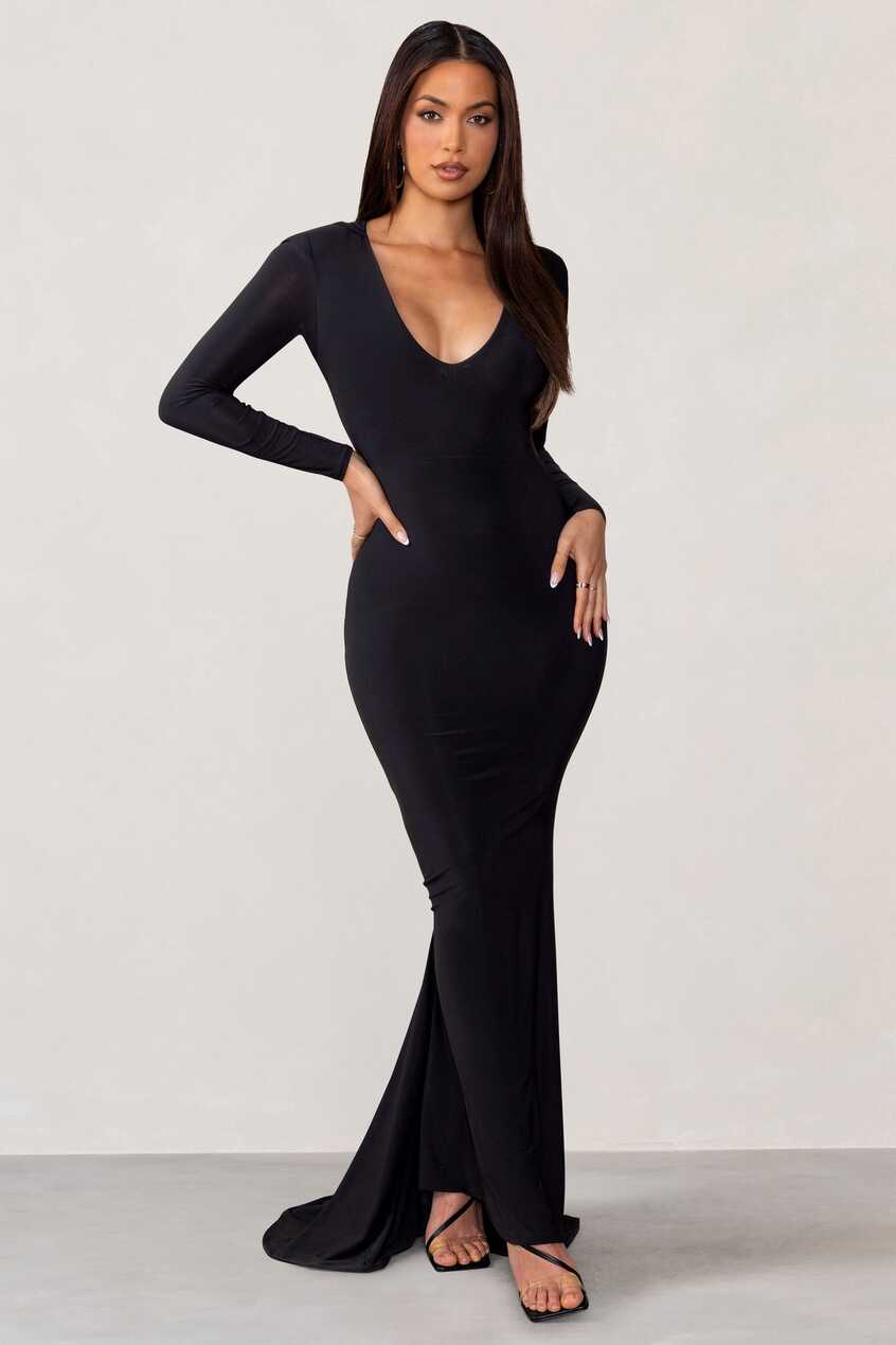 Adore Black Long Sleeve Plunge Maxi Dress with Hood – Club L ...