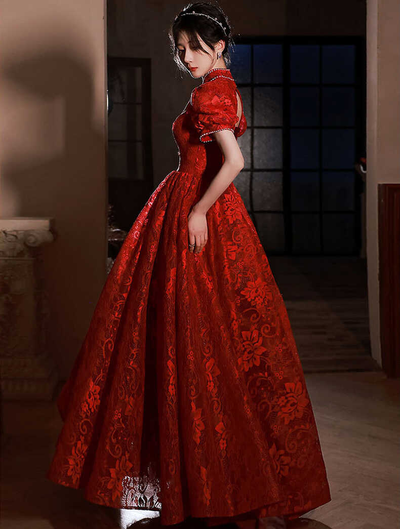 Aesthetic Embroidered Red Prom Dress for Wedding Banquet Party ...