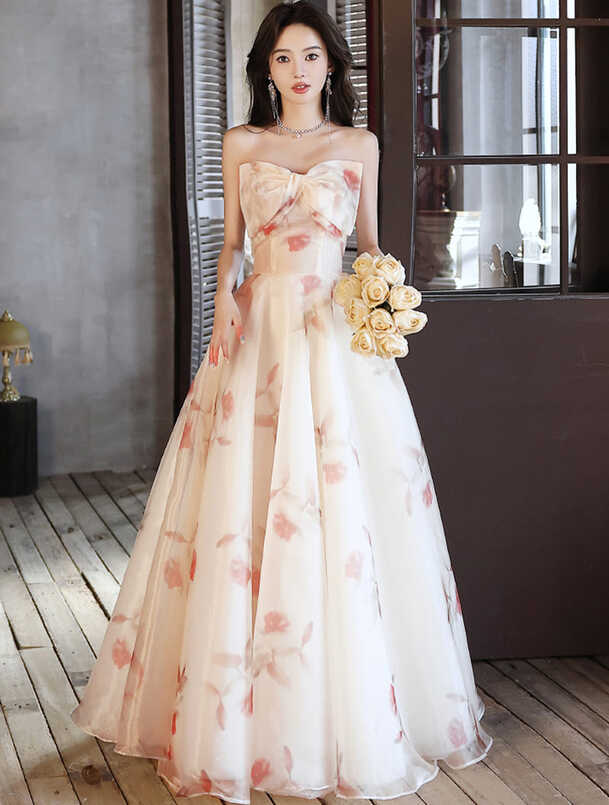 Aesthetic Floral Long Formal Prom Tube Dress Evening Gowns with ...