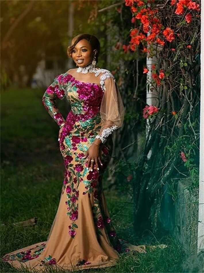 African Evening Dresses Long Sleeve Aso Ebi Birthday Party Dress ...