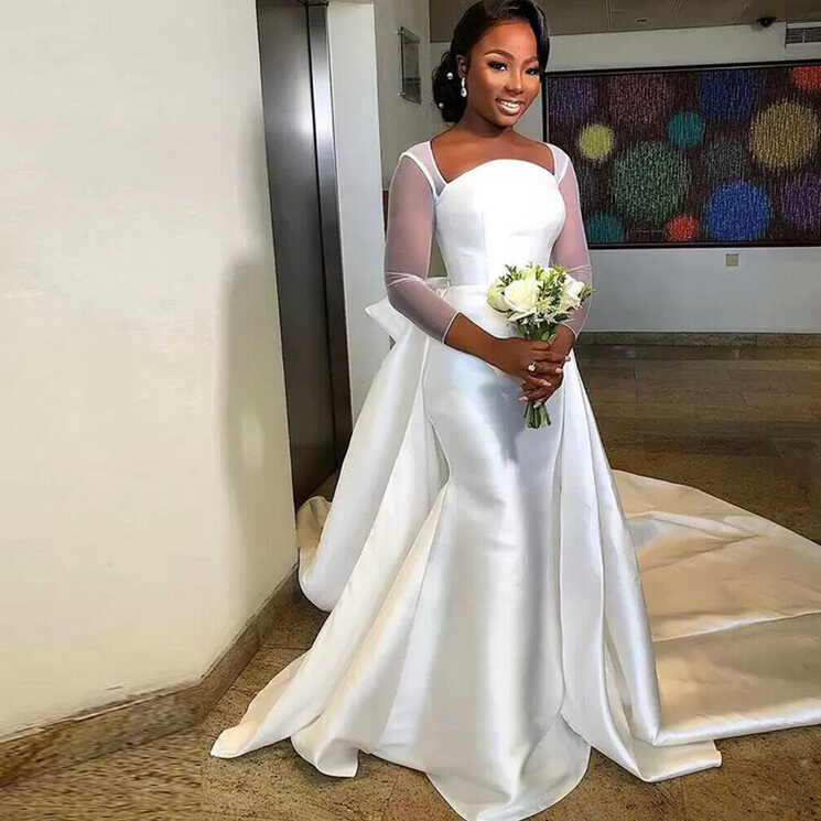 African Satin Mermaid Wedding Dresses Detachable Train Long ...