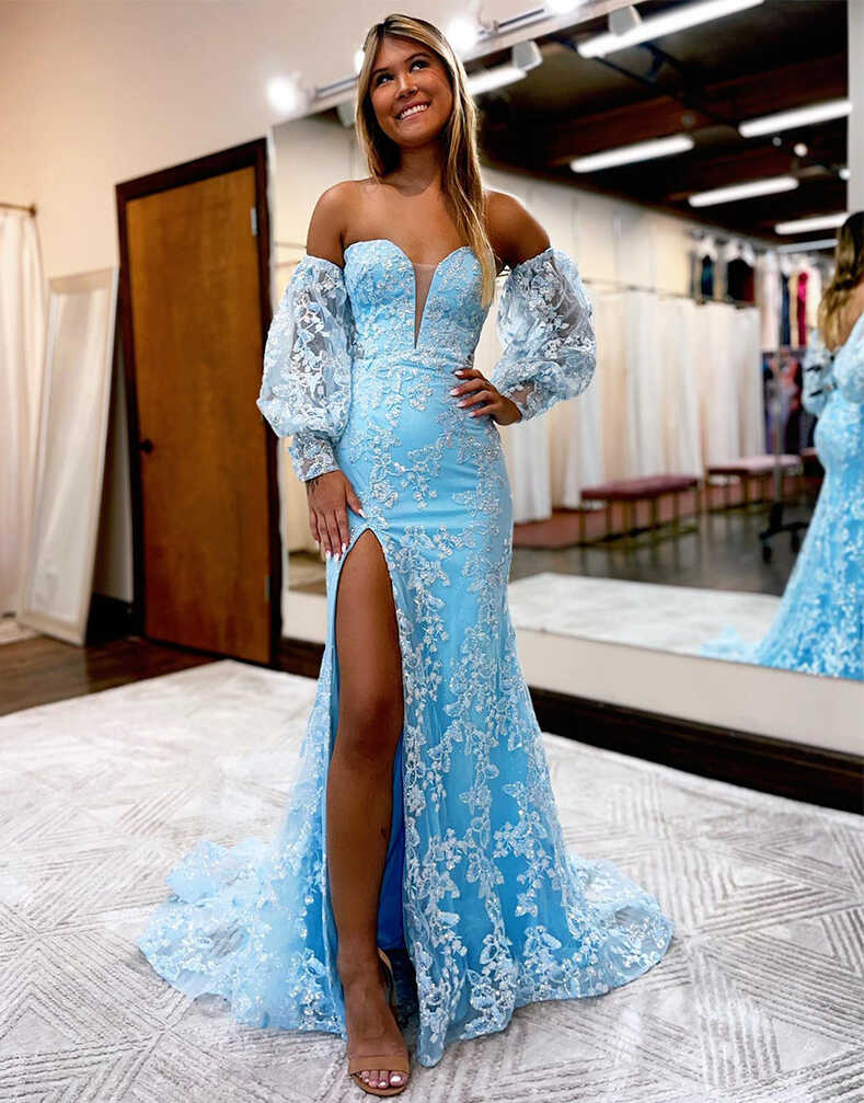 Alexandria Sky Blue Mermaid Sweetheart Lace Prom Dress with ...