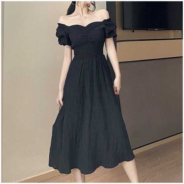 Alibhw black long dress for woman korean summer off shoulder dress ...