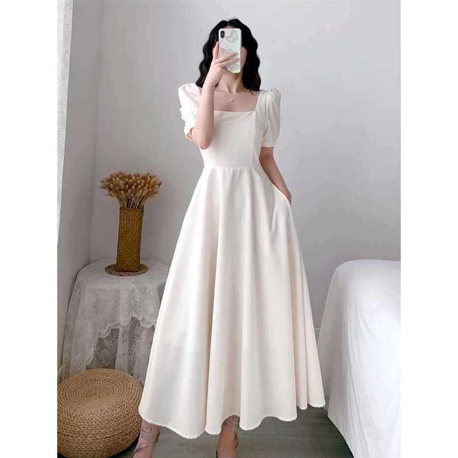 Alibhw french plus size long white dress puff sleeve dress formal ...