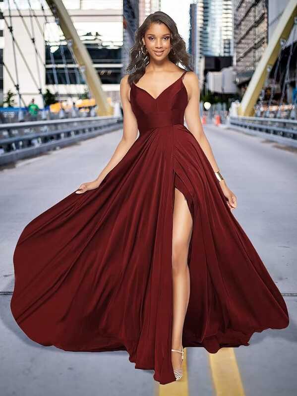 Alikey Satin Prom Dresses Long with Slit V Neck Bridesmaid Dresses ...