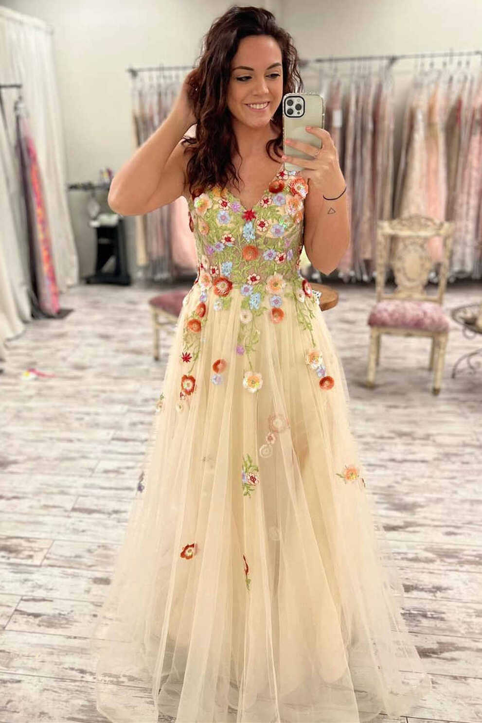 Alina | Gorgeous V-Neck Floral Long Formal Dress with Embroidery ...