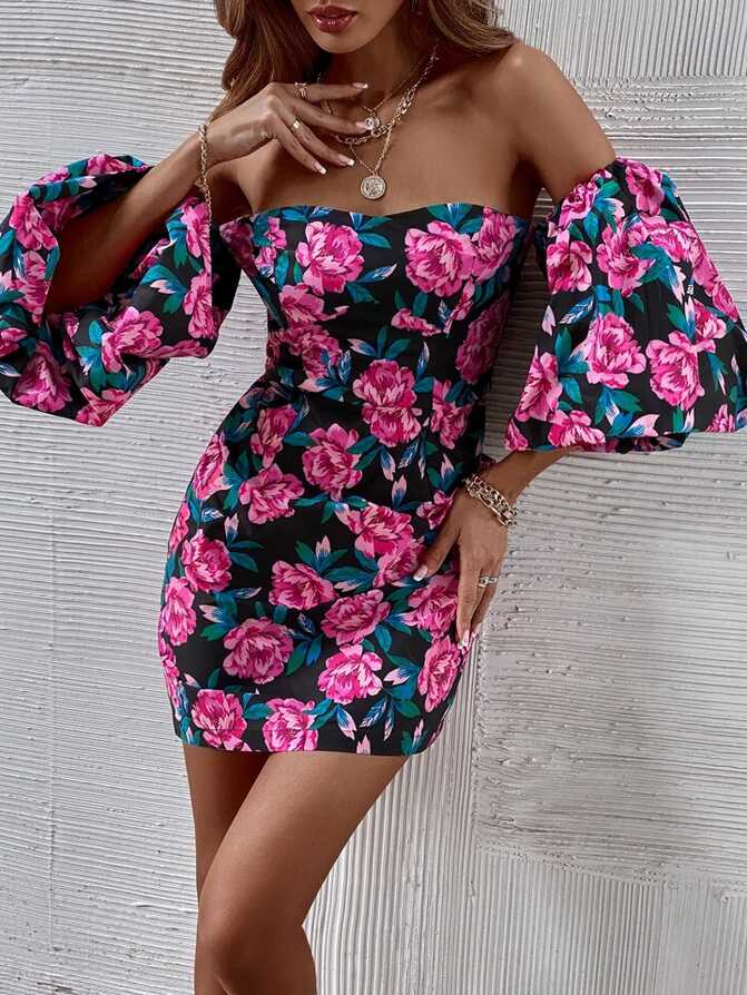 All Over Floral Print Off The Shoulder Puff Sleeve Mini Dress | SHEIN