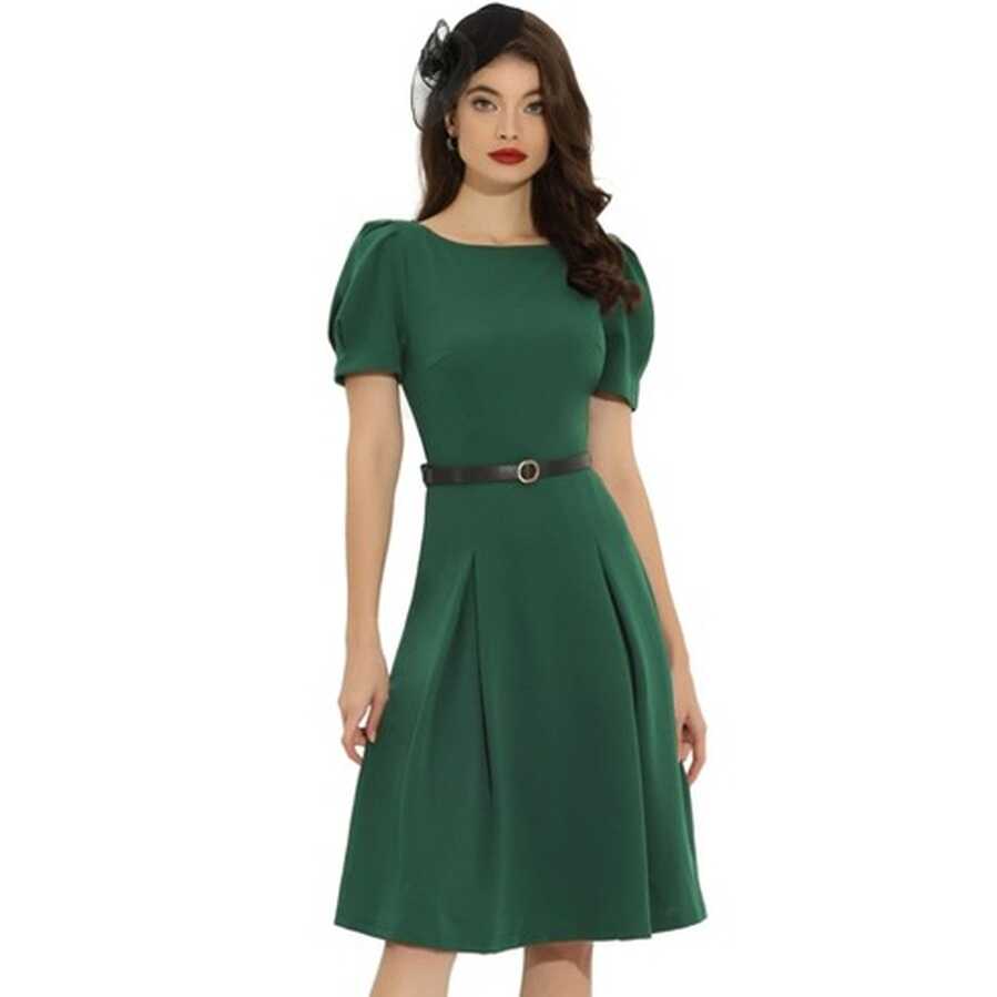 Allegra K Women&#39;s Elegant Work Belted Boat Neck Short Sleeve Midi ...