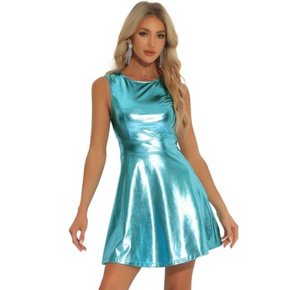 Allegra K Women&#39;s Metallic Sleeveless High Waist Party Holographic ...