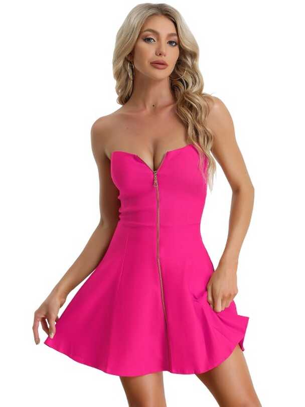 Allegra K Women&#39;s Zip-up Strapless Mini Bodycon Dresses Hot Pink ...