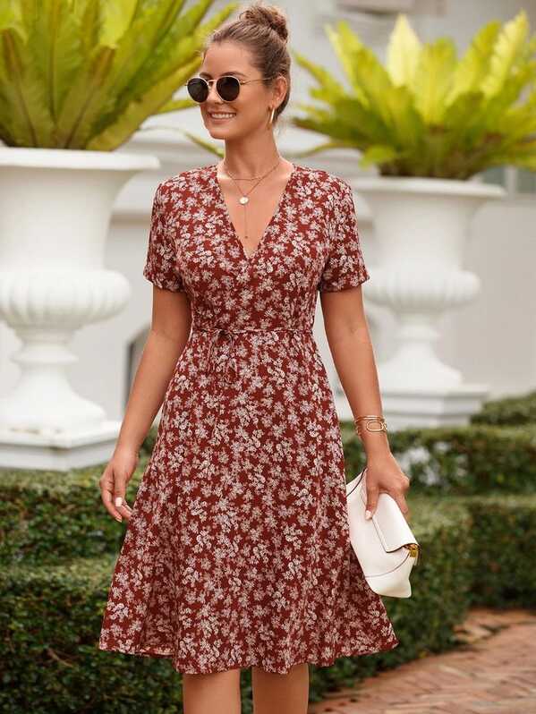 Allover Floral Print Belted Dress