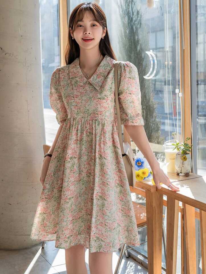 Allover Floral Print Puff Sleeve Dress With Lined