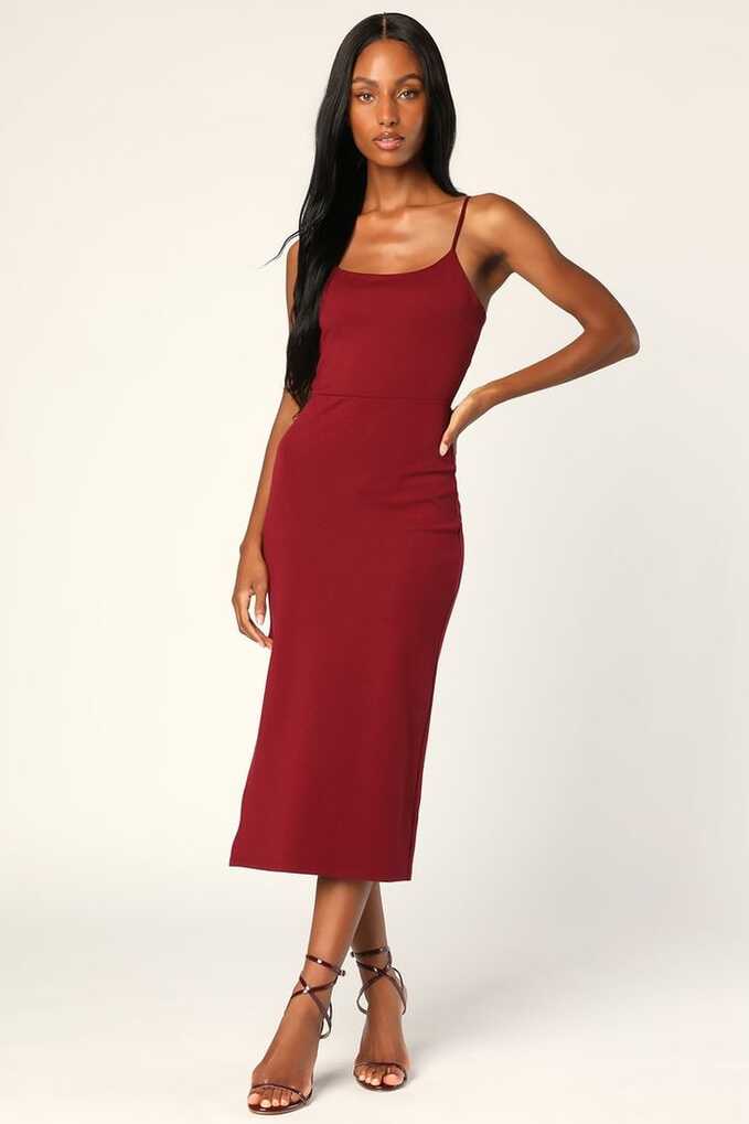 Always On Your Mind Wine Red Backless Bodycon Midi Dress