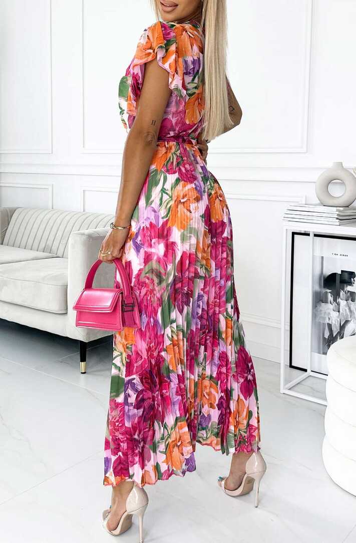 Amalfi Coast Pink Floral Chiffon Short Sleeve Pleated Belted Maxi ...