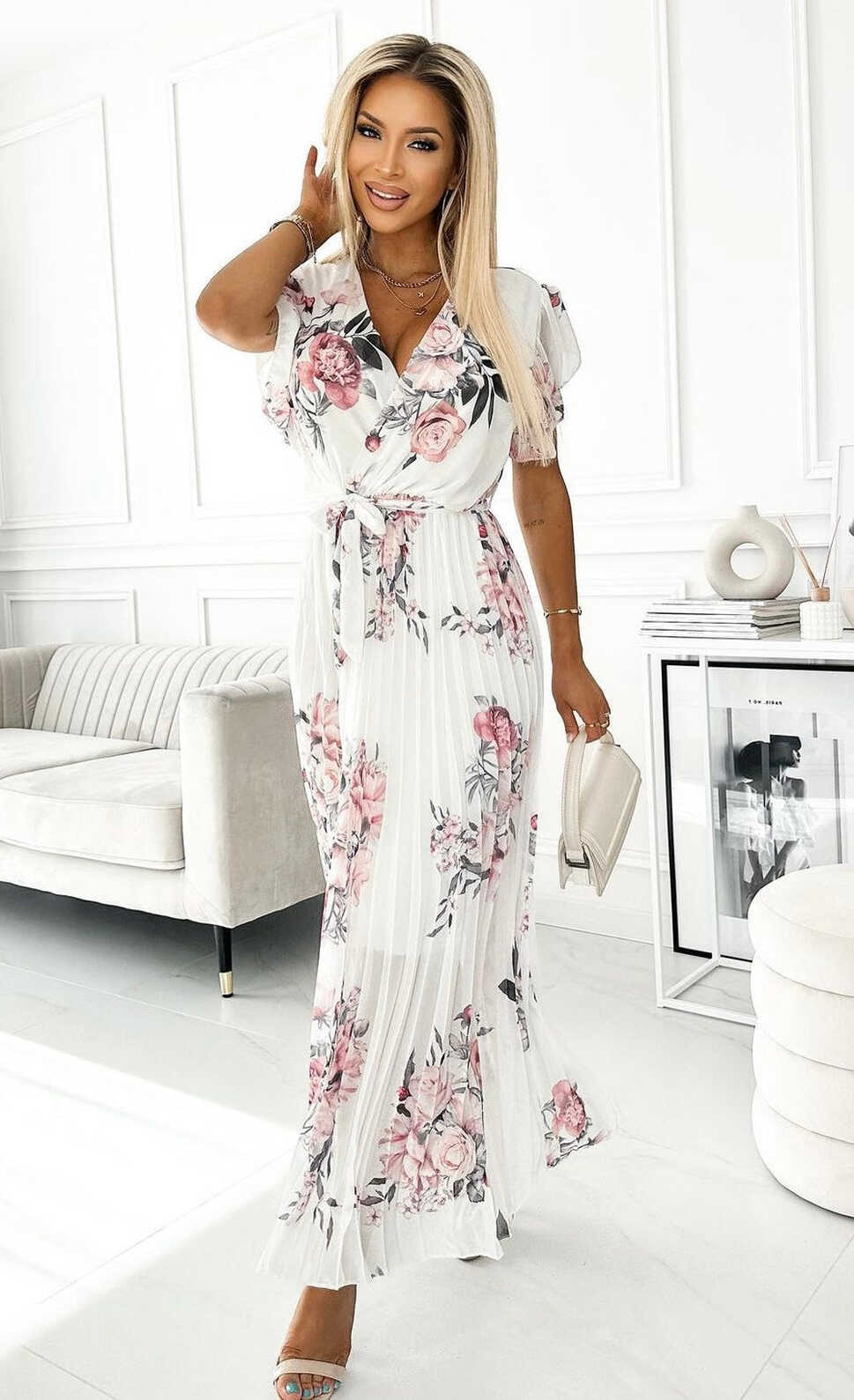 Amalfi Coast White Floral Chiffon Short Sleeve Pleated Belted Maxi ...