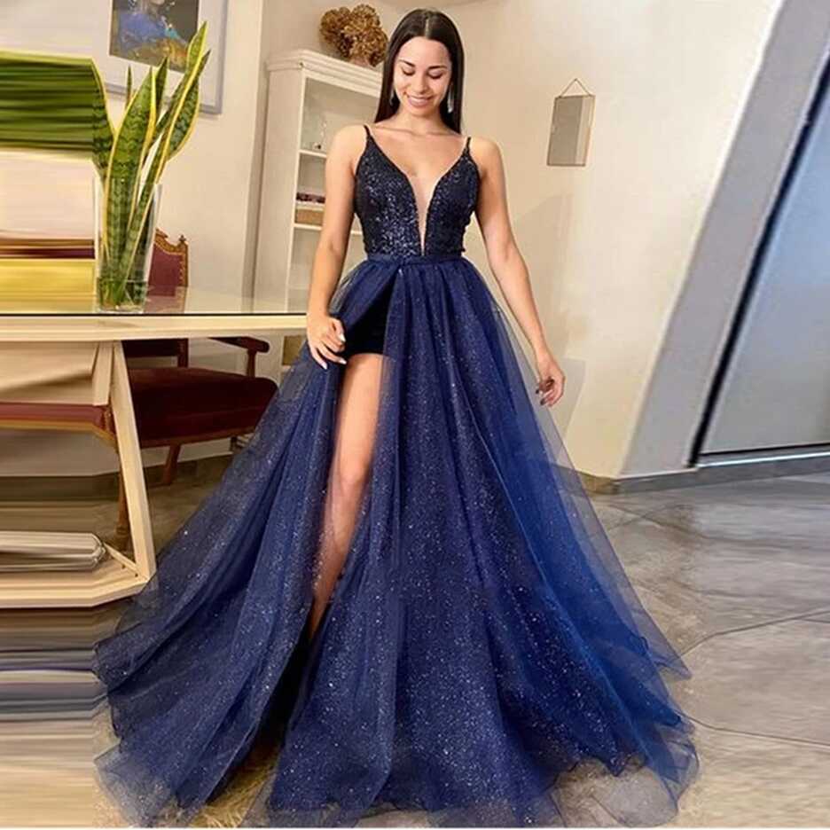 Amanda Glitter Dark Blue Prom Dress Elegant V-neck Party Dress ...