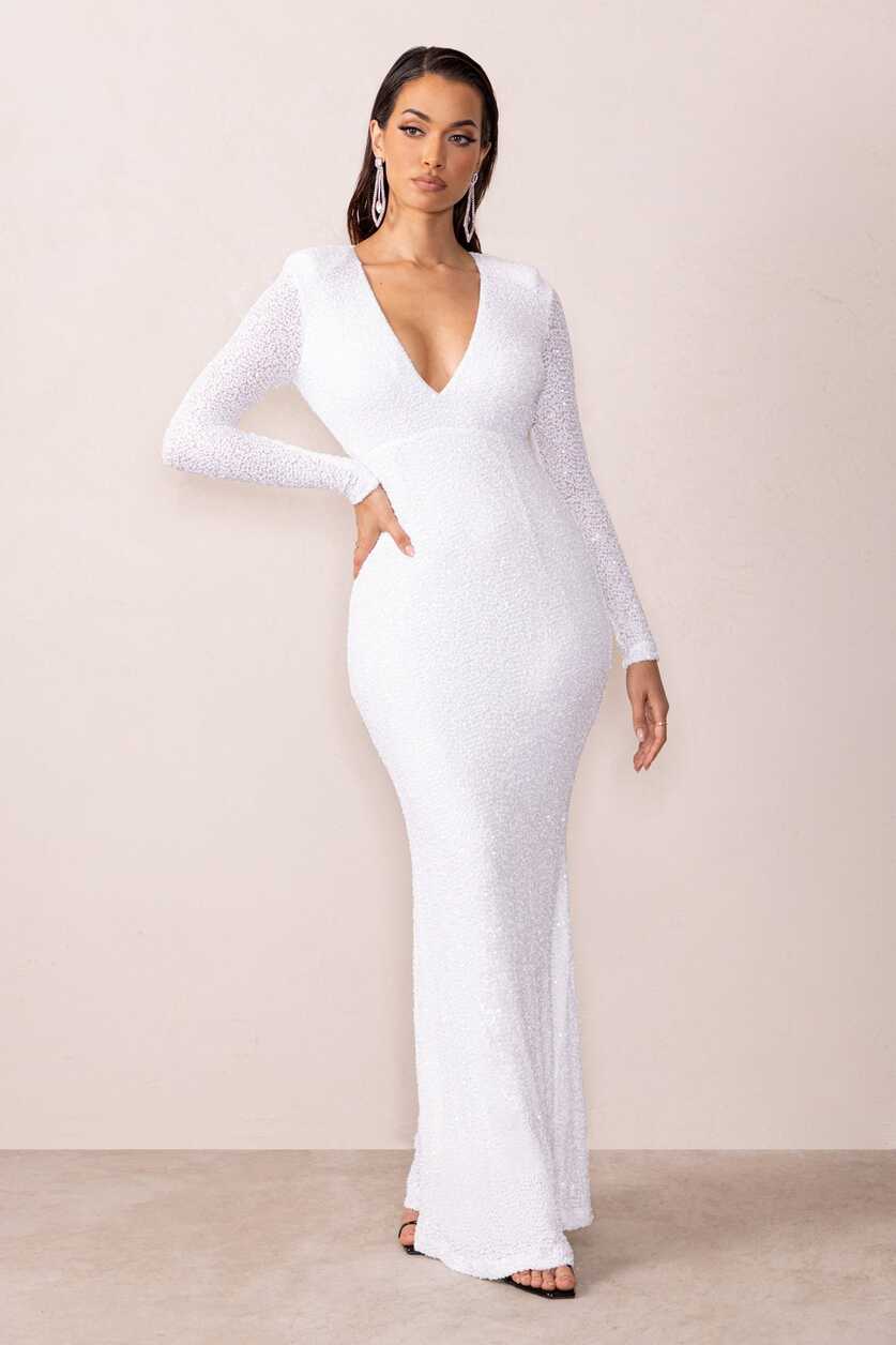 Amani White Sequin Plunge Neck Long Sleeves Fishtail Maxi Dress ...