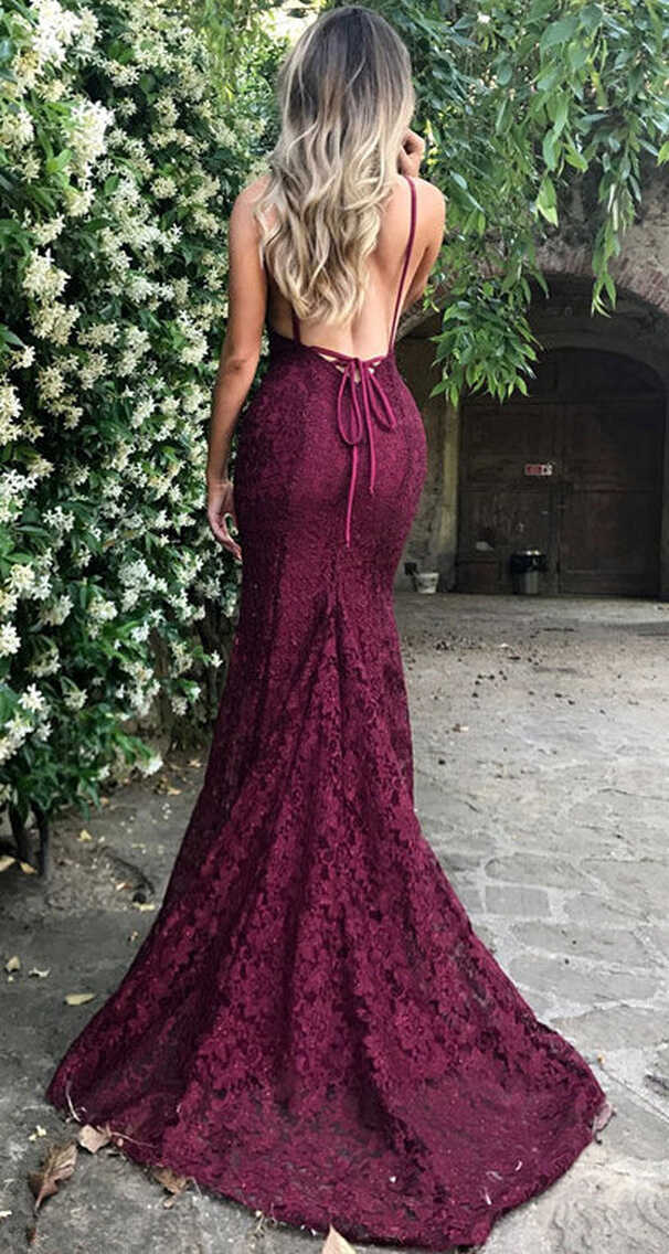 Amazing V Neck Spaghetti Strap Long Lace Backless Burgundy Prom ...