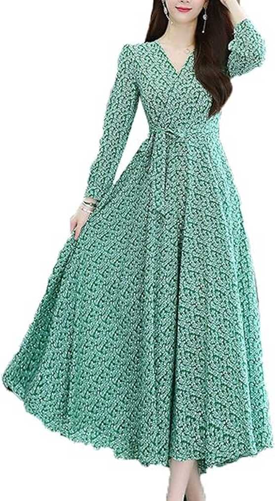 Amazon.co.jp: Women&#39;s Long Dress, Maxi Dress, Floral Dress, Green ...