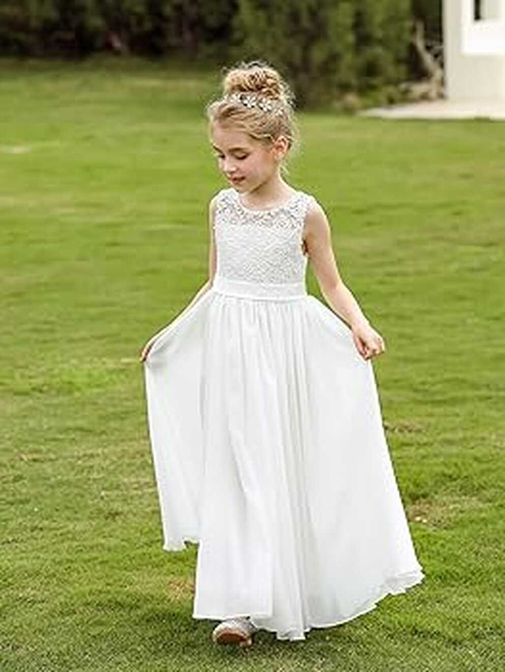 Amazon.com: A line Lace Flower Girl Dresses Sleeveless White First ...