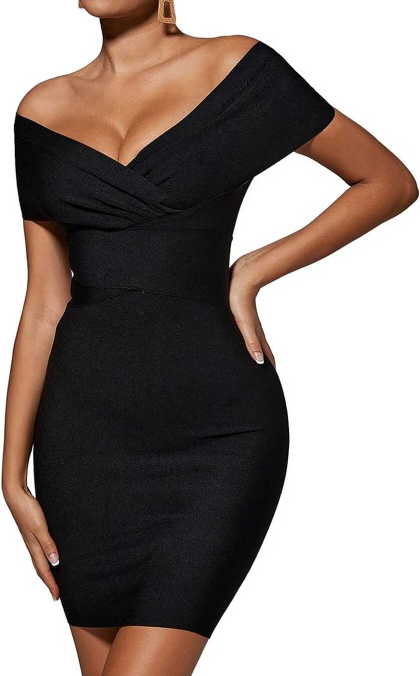 Amazon.com: BELLA BARNETT Off The Shoulder Dress Black Mini ...