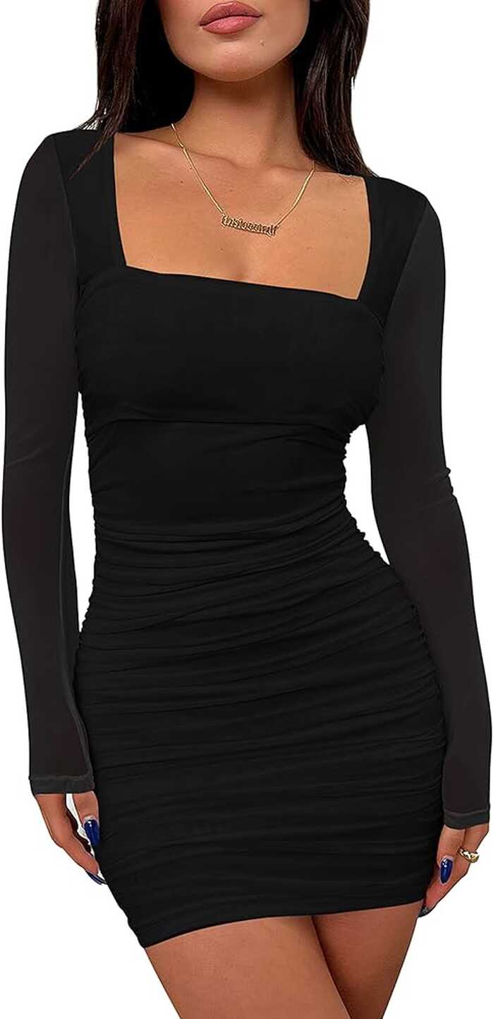 Amazon.com: BORIFLORS Women&#39;s Sexy Ruched Bodycon Mini Dress Mesh ...