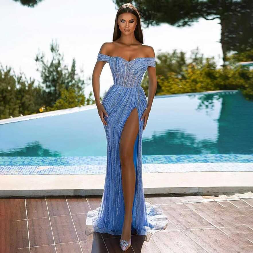 Amazon.com: Blue Elegant Mermaid Sexy High Split Beaded Long ...