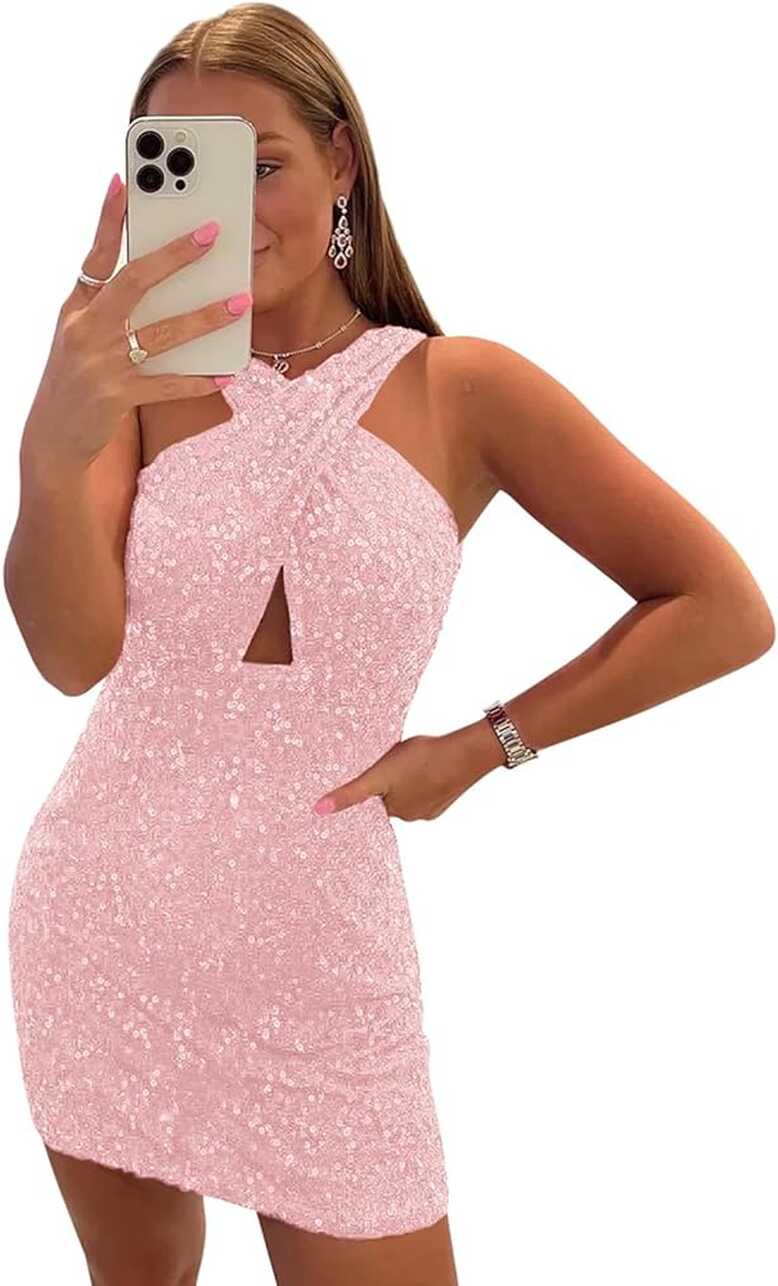 Amazon.com: Blush Pink Homecoming Dresses Short Tight Sequin ...