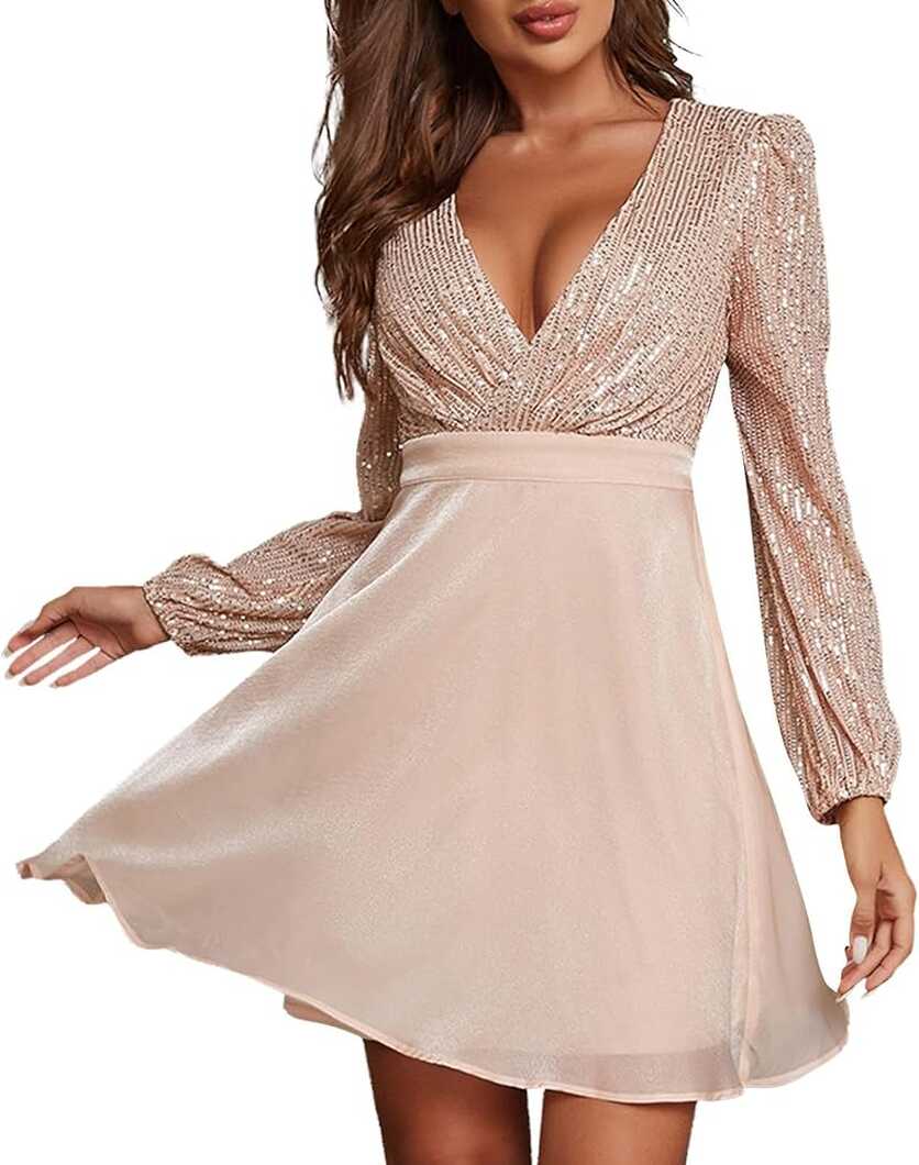 Amazon.com: Cocktail Dress Party Dress Sequin Splicing Mesh Deep V ...