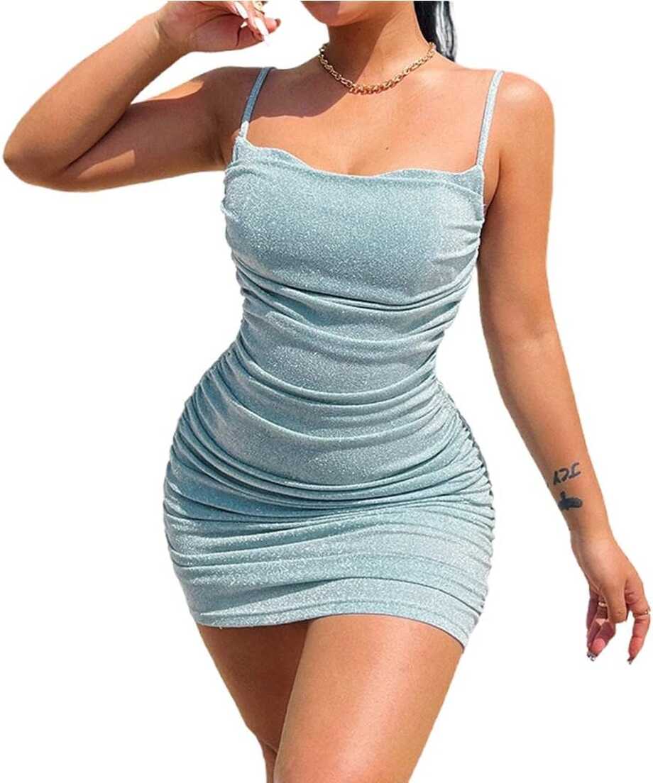 Amazon.com: EVILD Glitter Spaghetti Strap Bodycon Dress Blue Club ...