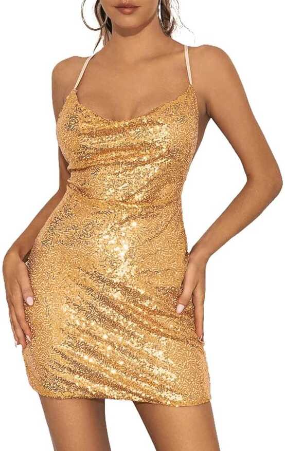 Amazon.com: EVILD Sequins Sexy Bodycon Dress Spaghetti Sparky Mini ...