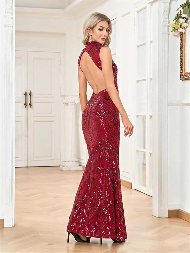 Amazon.com: Elegant Backless Burgundy Sequin Evening Dress Women ...