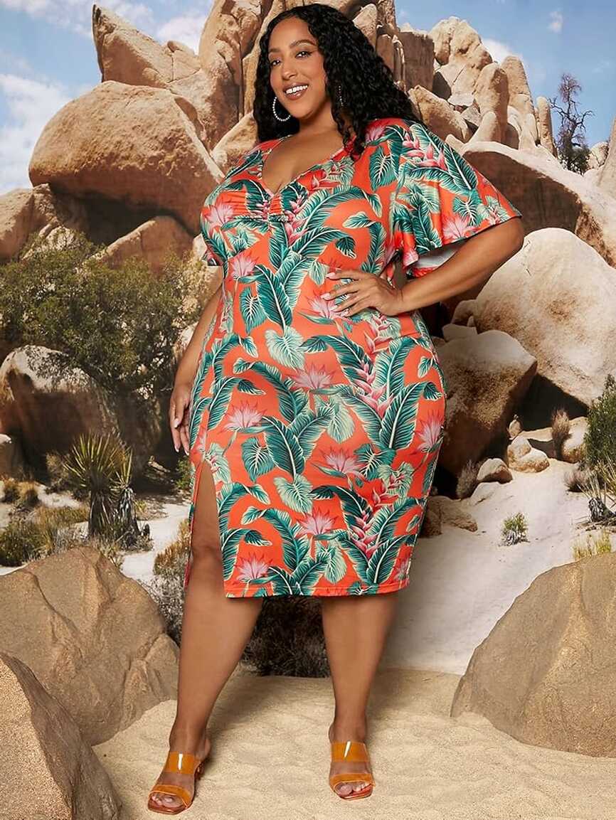 Amazon.com: FDSUFDY Plus Size Dress for Women Plus Tropical Print ...