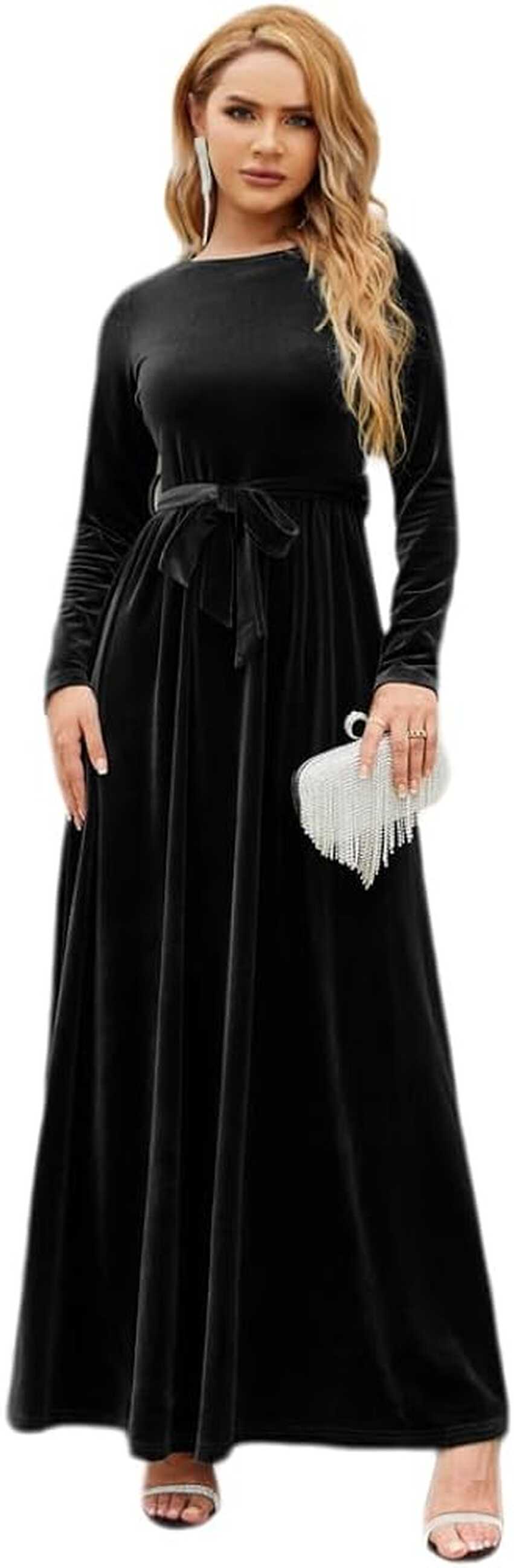 Amazon.com: Fall Long Black Dress Long Sleeve Velvet Dress for ...