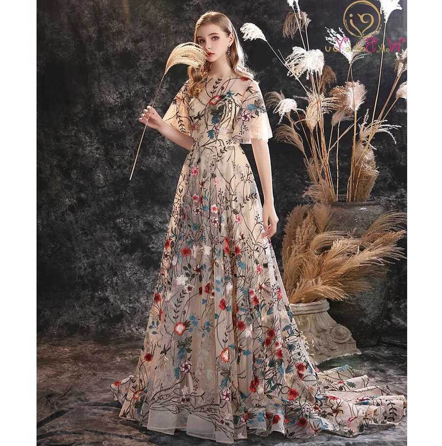 Amazon.com: Flower Embroidery Prom Dresses Long Puffy Sleeve Fair ...