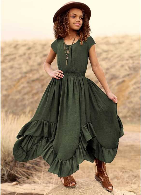 Amazon.com: Girls Vintage Dress Ruffle Sleeveless Swing Boho Maxi ...