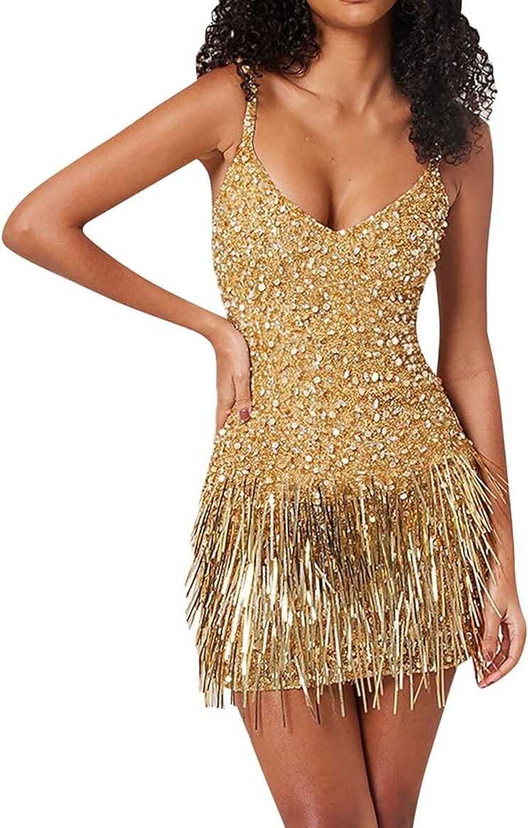 Amazon.com: Gold Sequin Dress for Women 2023 Sexy V Neck Tassels ...