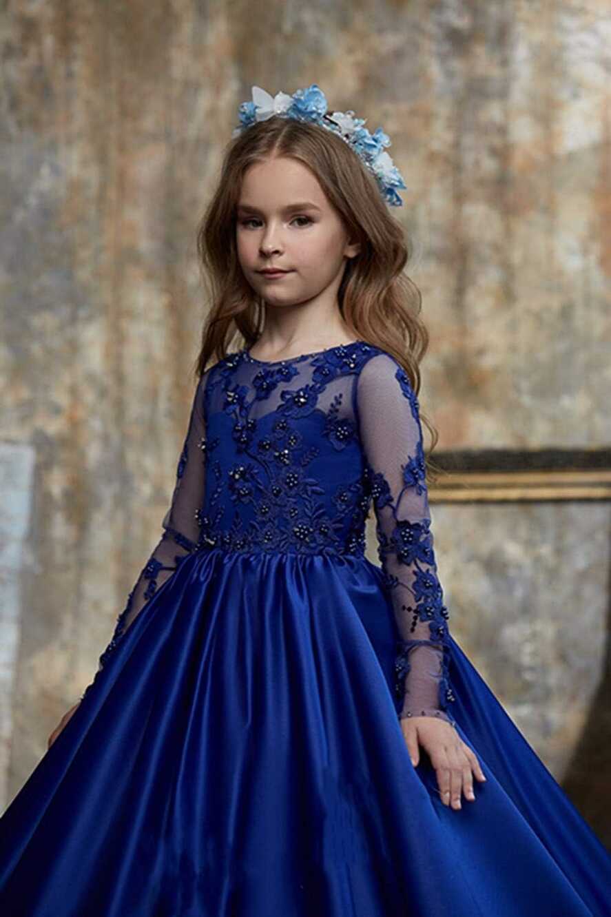 Amazon.com: HYGLJL Royal Blue Satin Flower Girl Dress for Pageant ...