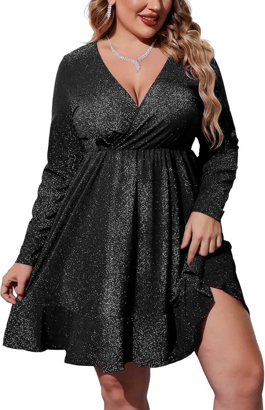 Amazon.com: IN&#39;VOLAND Women&#39;s Plus Size Surplice Neck Glitter ...