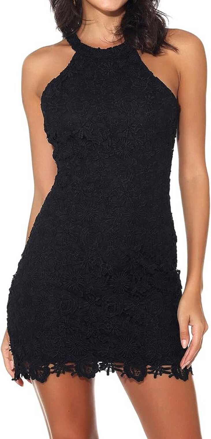 Amazon.com: Jovono Women Lace Halter Bodycon Dress Black Tank ...