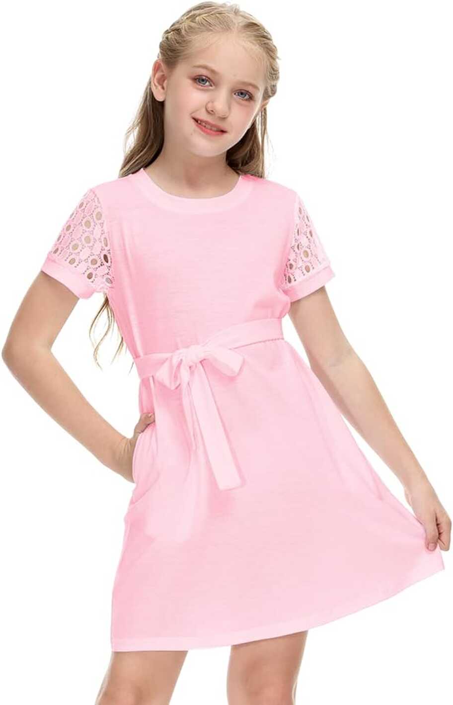 Amazon.com: Kid Girls Lace Sleeve Dress Vintage Casual Summer Tie ...