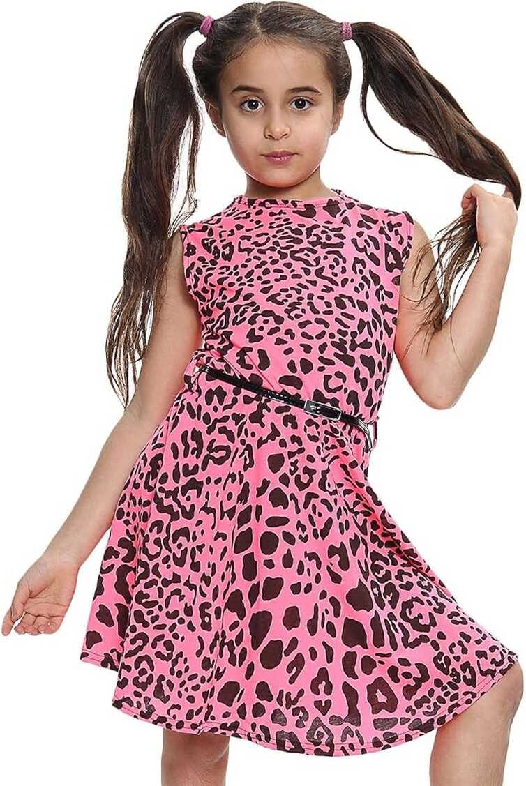 Amazon.com: Kids Girls Skater Dress Neon Color Leopard Print Dance ...