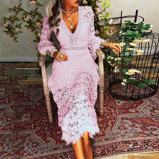 Amazon.com: Lace Maxi Dress for Womens Solid 3/4 Sleeve Party ...