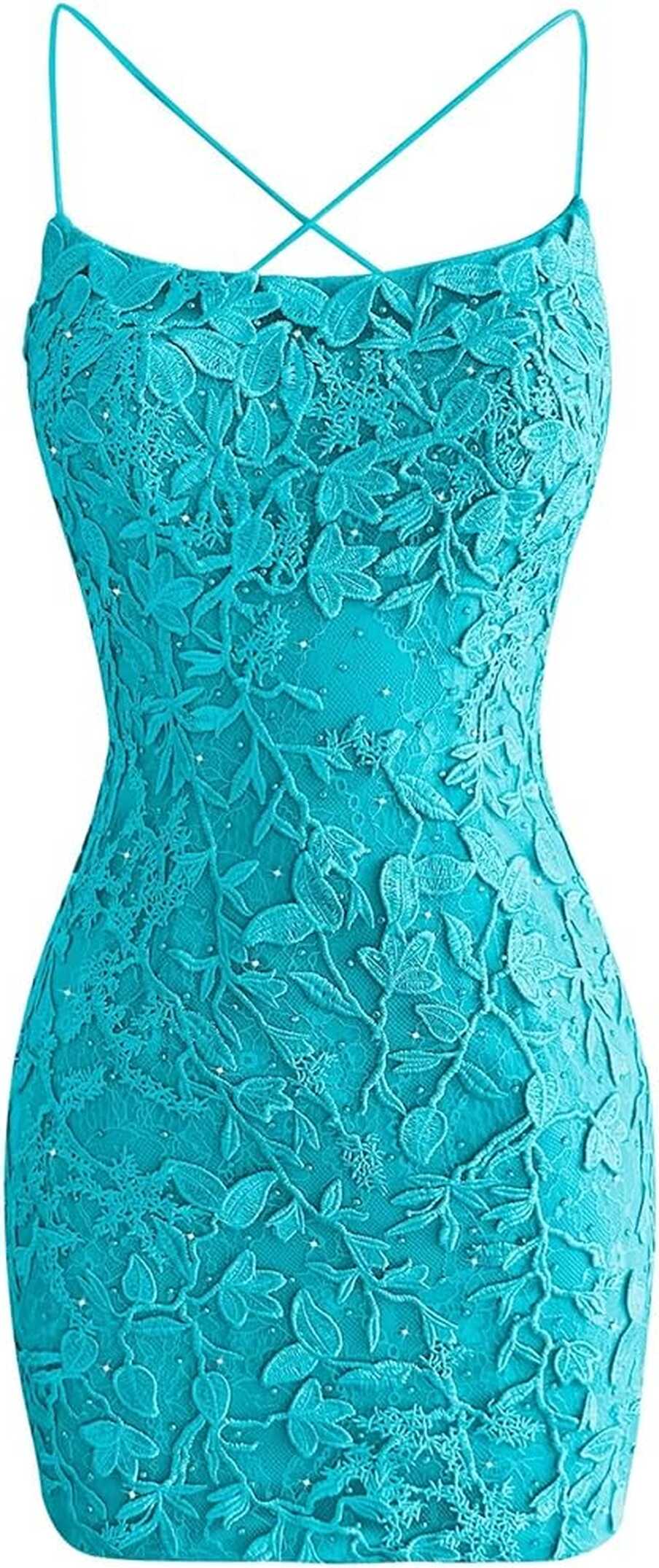 Amazon.com: Lace Tight Homecoming Dresses Aqua Short Prom Dresses ...