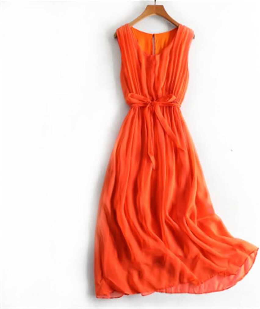 Amazon.com: Ladies Silk Dress Summer Orange Sleeveless Silk Dress ...