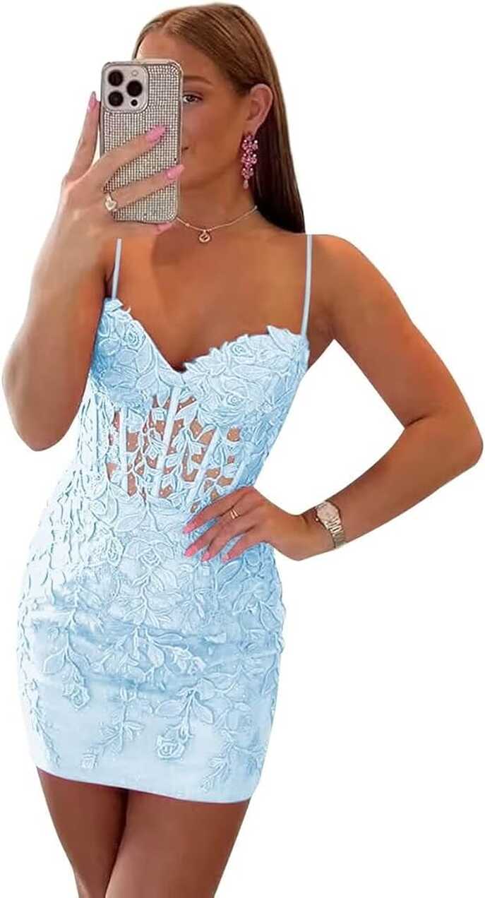 Amazon.com: Light Blue Spaghetti Strap Homecoming Dresses Short ...