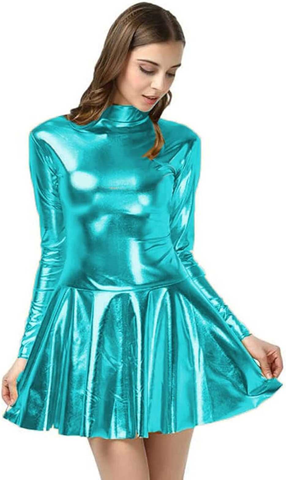 Amazon.com: Long Sleeve A-Line Dress for Women Shiny Metallic Lady ...