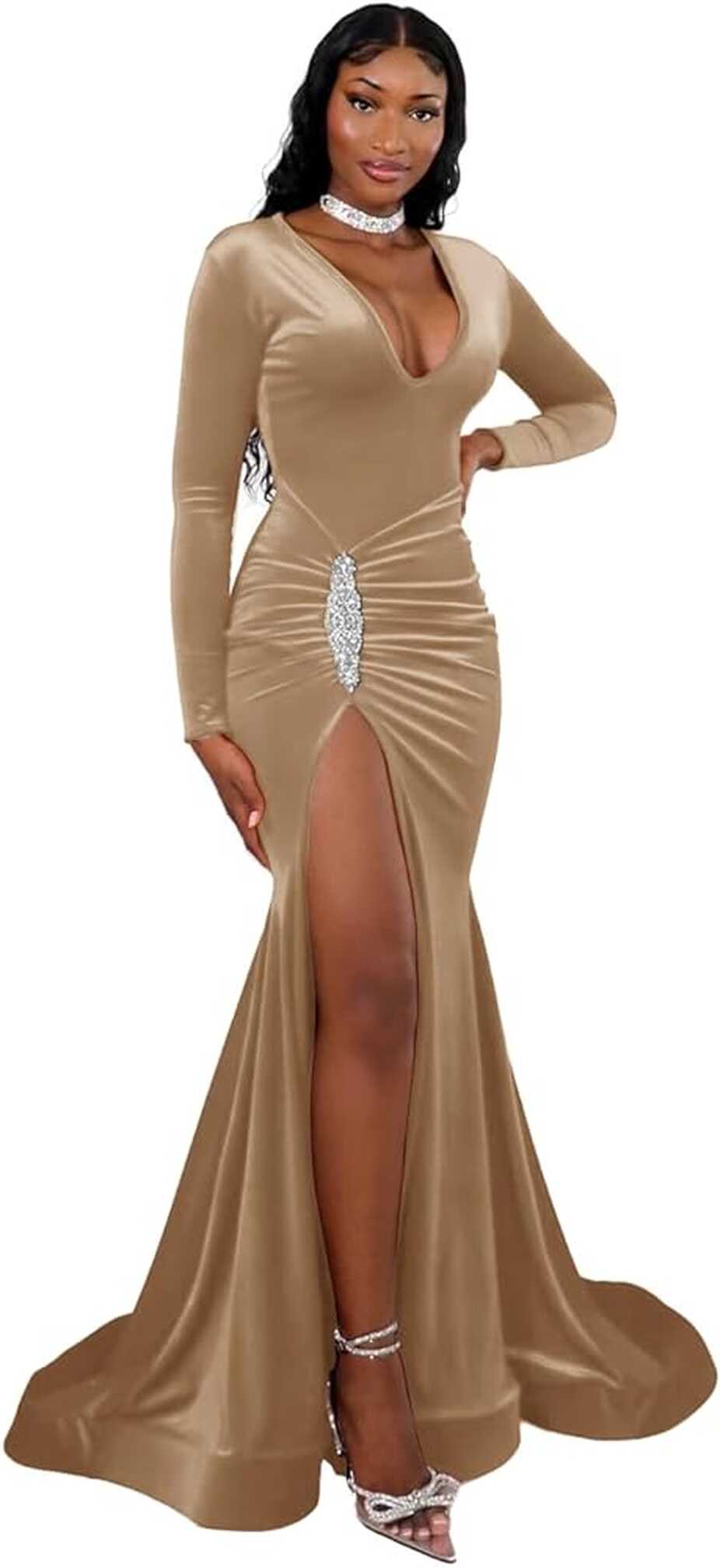 Amazon.com: Long Sleeve Evening Gown Mermaid Beige Prom Dresses ...